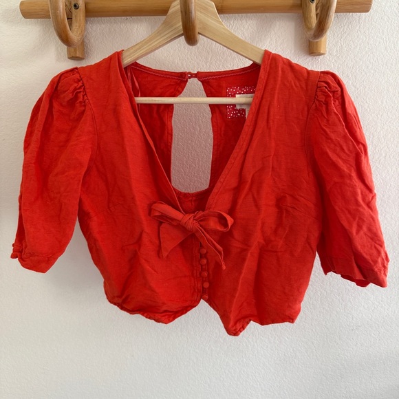 Maeve ANTHROPOLOGIE ORANGE TIE-FRONT cropped  BLOUSE linen blend size 4 summer - Picture 4 of 10